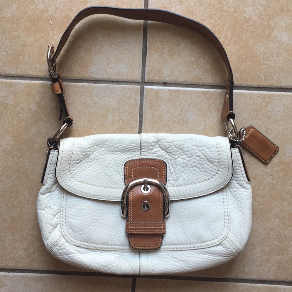 Coach White Textured Leather Brown Trim Handbag - Picture 10 of 15